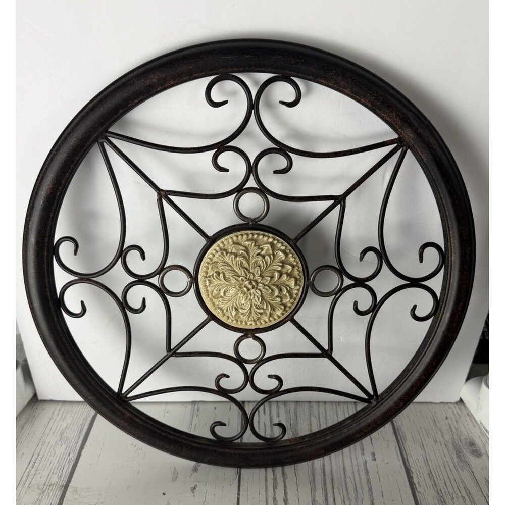Round Wrought Iron Wall Medallion Metal Art Rustic Scroll Decor 24 Inch Solid - Picture 2 of 5